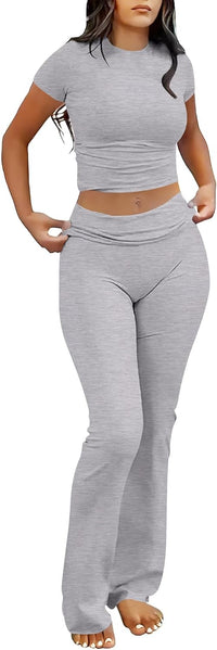 ANRABESS Lounge Sets for Women 2 Piece Foldover Yoga Flare Leggings Pants Crop Tops Casual Y2K Outfits Matching Tracksuit Set