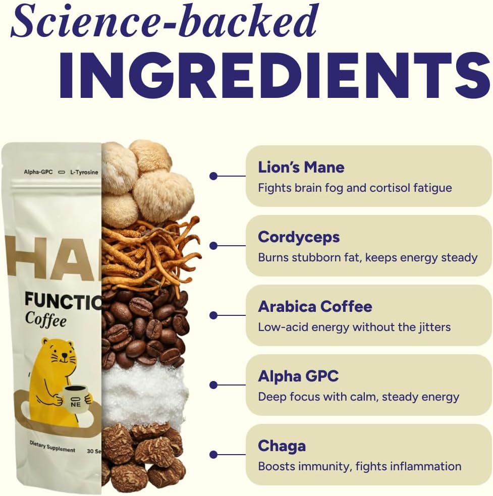 Instant Mushroom Coffee Arabica - Lion’s Mane, Cordyceps, Reishi, Chaga – Alpha-GPC & L-Tyrosine, B12 & B3 – Better Energy, Focus, Digestion & Immunity – Made in USA – 30 Servings