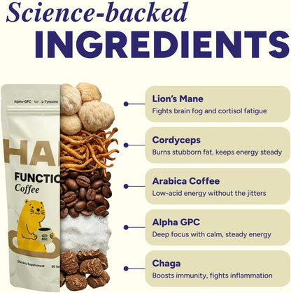 Instant Mushroom Coffee Arabica - Lion’s Mane, Cordyceps, Reishi, Chaga – Alpha-GPC & L-Tyrosine, B12 & B3 – Better Energy, Focus, Digestion & Immunity – Made in USA – 30 Servings