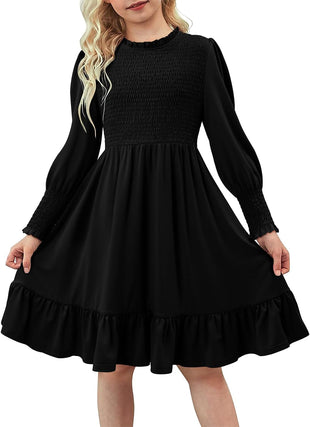 Yoklass Girls Smocked Dress Casual Puff Long Sleeve Ruffle Neck Dresses 4-13 Years