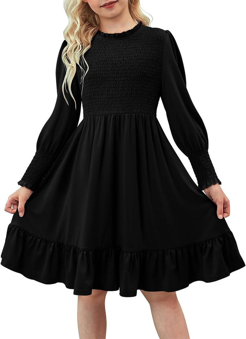 Yoklass Girls Smocked Dress Casual Puff Long Sleeve Ruffle Neck Dresses 4-13 Years