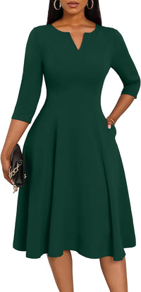 Nmoder Midi Dresses for Women A-Line Fit and Flare Dress 3/4 Sleeve V Neck Cocktail Wedding Guest Work Dress with Pockets