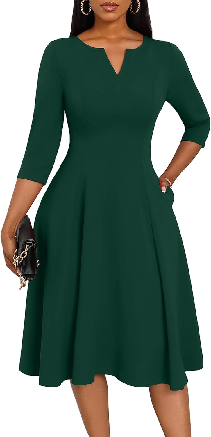 Nmoder Midi Dresses for Women A-Line Fit and Flare Dress 3/4 Sleeve V Neck Cocktail Wedding Guest Work Dress with Pockets