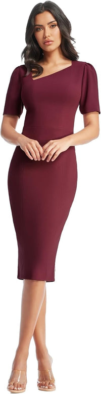 Dress the Population Womens Ruth Short Puff Sleeves Asymmetrical Neckline Bodycon Midi Dress
