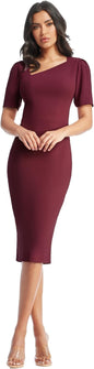 Dress the Population Womens Ruth Short Puff Sleeves Asymmetrical Neckline Bodycon Midi Dress