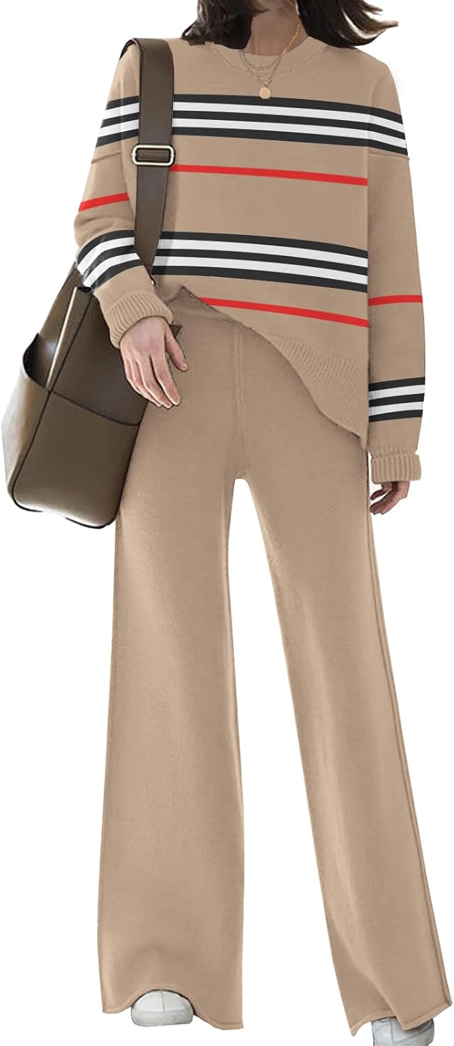 ETCYY NEW Womens Elegant Lounge Sets Knitted Sweatsuit Sets 2 Piece Outfits with Sweater Tops and Wide Leg Sweatpants