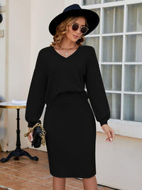 Pink Queen Women's 2 Piece Outfits Set Knit V Neck Batwing Long Sleeve Loose Top Bodycon Midi Skirt Sweater Dresses