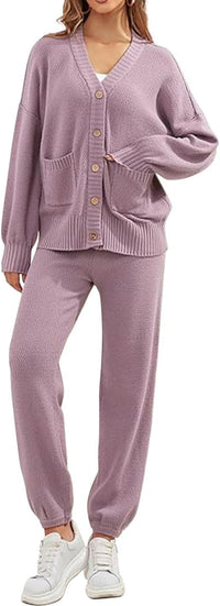 Women's 2 Piece Outfit Lounge Set Trendy Cardigan Sweater Pants Sets V Neck Button Pocket Knit Matching Loungewear