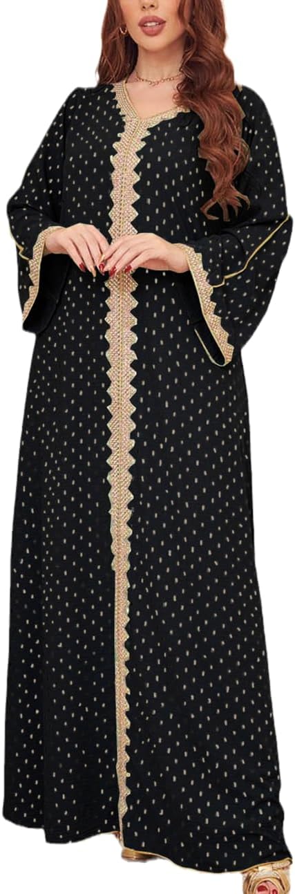 FPOVFPO Women's Muslim Abaya One-Piece V Neck Bronzing Dress Islamic Full Length Kaftan Daily Casual