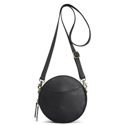 S-ZONE Leather Crossbody Bags for Women Circle Shoulder Round Purse Travel | Top Grain Leather, Keychain, Designer Handbag, Vintage, Multi Pockets, Detachable Strap, Eveyday Outing