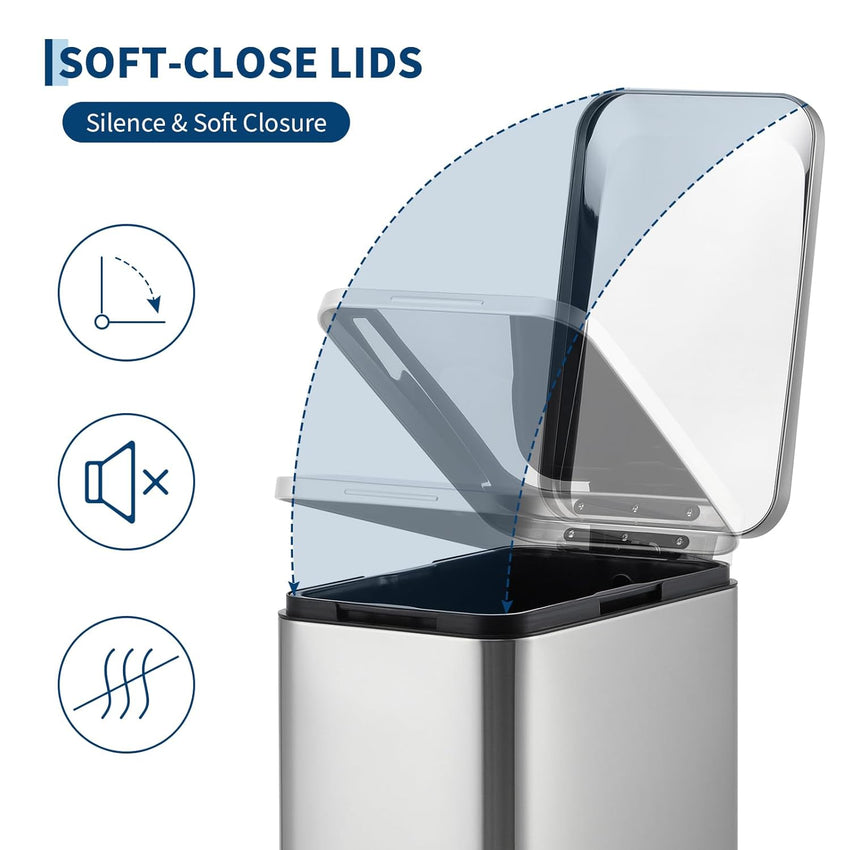 Garvee 13 gal Kitchen Trash Can, Stainless Steel Step Garbage Bin with Soft-Close Lid & Removable Bucket, Fingerprint Proof, Slim for Narrow Spaces, Bathroom or Office