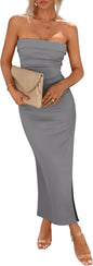 PRETTYGARDEN Women's Summer Bodycon Maxi Tube Dress Ribbed Strapless Side Slit Long Going Out Casual Elegant Party Dresses
