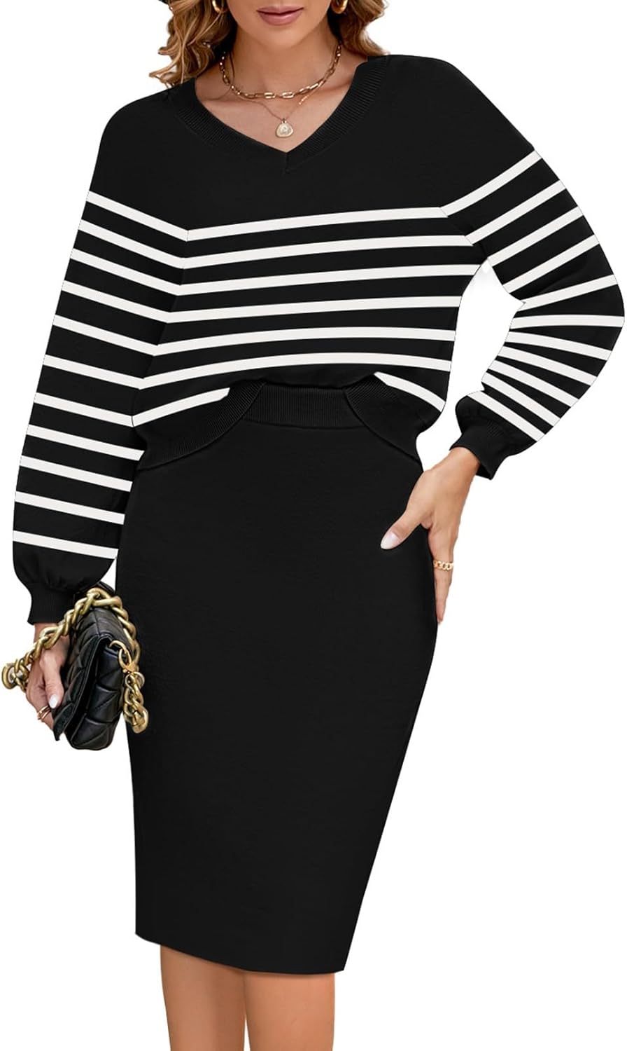 Pink Queen Women's 2 Piece Outfits Set Knit V Neck Batwing Long Sleeve Loose Top Bodycon Midi Skirt Sweater Dresses