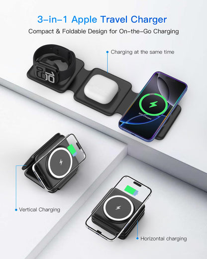 Charging Station for Apple Multiple Devices - 3 in 1 Foldable Magnetic Wireless Charger Dock - Travel Charging Pad for iPhone 17 16 15 14 13 12 Pro Max Plus Watch & Airpods (Clearance)