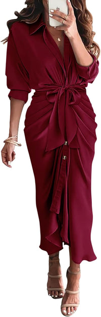 BTFBM Summer Dresses for Women 2025 Long Sleeve Lapel V Neck Button Down Elegant Belted Ruched Satin Shirt Fall Dress