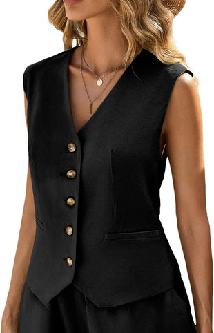 Mina Self Linen Vest Tops for Women Summer Lihtweight Breathable V-Neck Button Fashion Casual Work Beach Vacation Outerwear