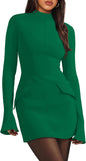 OFEEFAN Women's Fall Long Sleeve Mock Neck Dress Basic Party Club Bodycon Mini Dresses