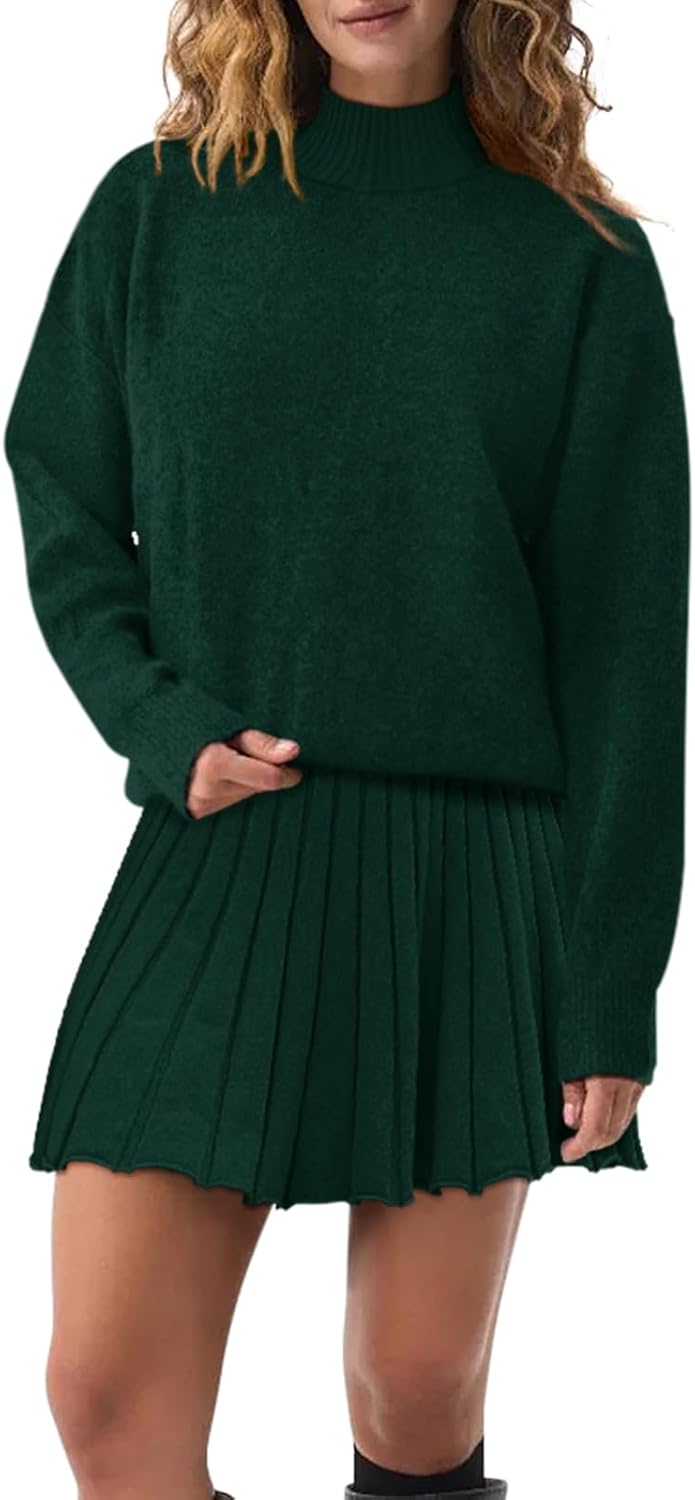 Women's Two Piece Outfits Turtleneck Long Sleeve Ribbed Knit Tops Pleated Mini Skirt 2025 Casual Sweater Sets