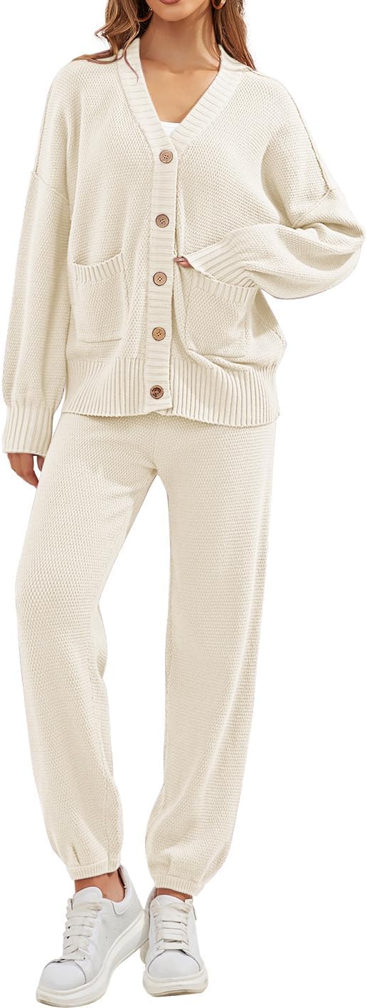 Women's 2 Piece Outfit Lounge Set Trendy Cardigan Sweater Pants Sets V Neck Button Pocket Knit Matching Loungewear