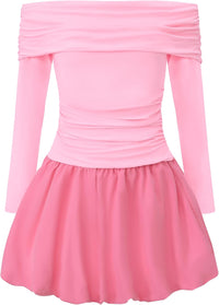 EXARUS Girls Dress Off The Shoulder Bodycon/Bubble Long Sleeve Teen Ruched Homecoming Dance Party Prom Tween Dresses