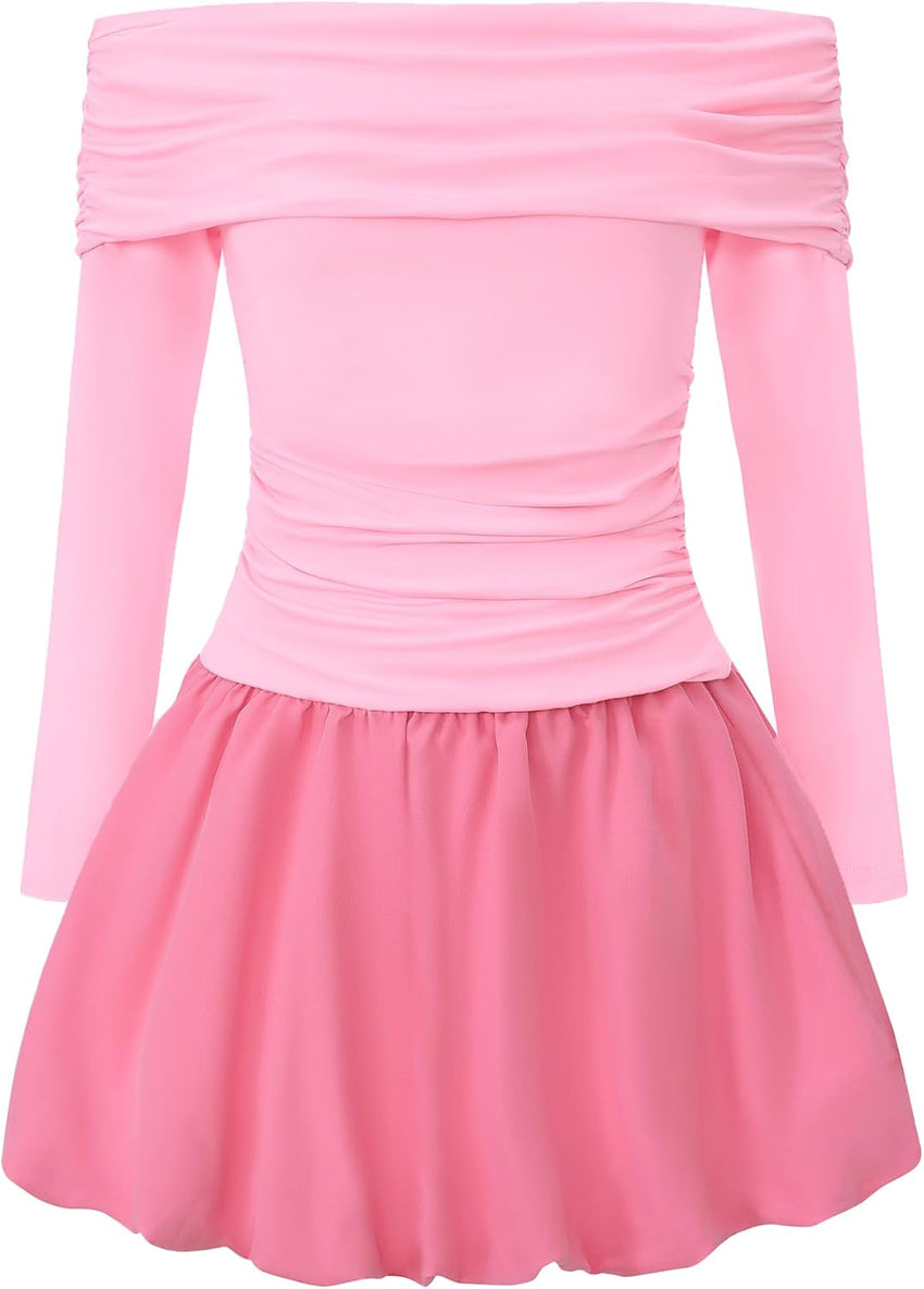 EXARUS Girls Dress Off The Shoulder Bodycon/Bubble Long Sleeve Teen Ruched Homecoming Dance Party Prom Tween Dresses