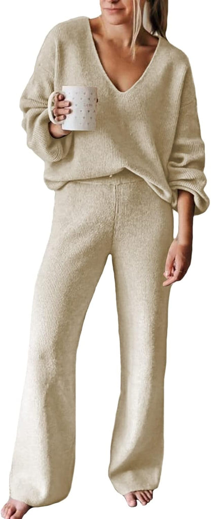 Viottiset Women's 2 Piece Outfits Casual V Neck Knit Wide Leg Sweater Lounge Set Sweatsuit
