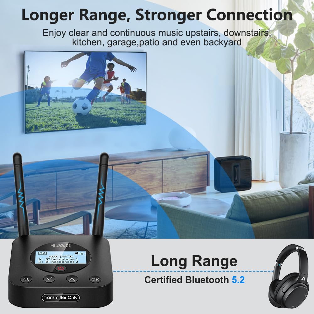 1Mii B06TX Bluetooth 5.2 Transmitter for TV to Wireless Headphone/Speaker, Bluetooth Adapter for TV w/Volume Control, AUX/RCA/Optical/Coaxial Audio Inputs, Plug n Play, aptX Low Latency & HD