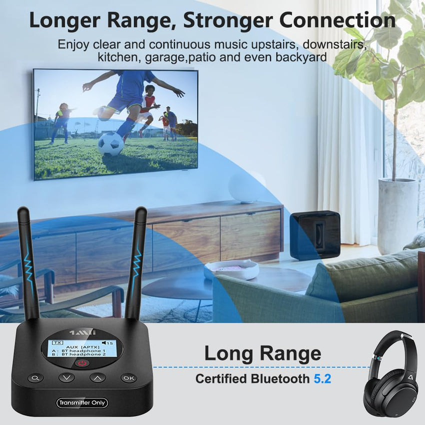 1Mii B06TX Bluetooth 5.2 Transmitter for TV to Wireless Headphone/Speaker, Bluetooth Adapter for TV w/Volume Control, AUX/RCA/Optical/Coaxial Audio Inputs, Plug n Play, aptX Low Latency & HD