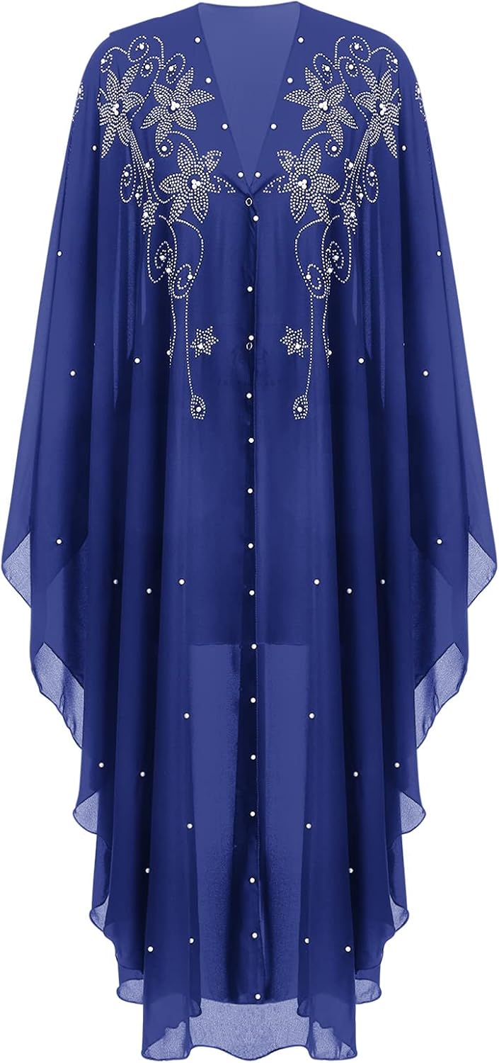 OBEEII Muslim Dress for Women Loose Batwing Sleeved Hooded Beaded Embroidery Long Abaya Dress Kaftan Abayas Islamic Robe