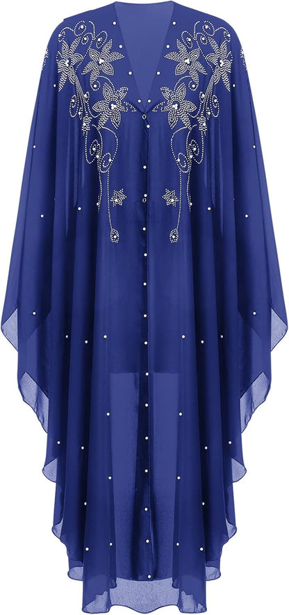 OBEEII Muslim Dress for Women Loose Batwing Sleeved Hooded Beaded Embroidery Long Abaya Dress Kaftan Abayas Islamic Robe
