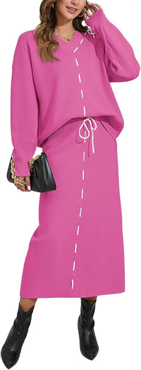 Pink Queen 2025 Women's 2 Piece Sweater Set V Neck Rib Knit Long Sleeve Maxi Bodycon Skirt Casual Outfits