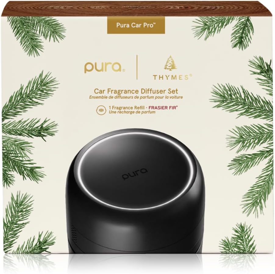 Thymes Frasier Fir Pura Car Diffuser – Pura Car Air Freshener with Refill – Frasier Fir Diffuser Refill with Notes of Crisp Siberian Fir Needles, Cedarwood & Sandalwood