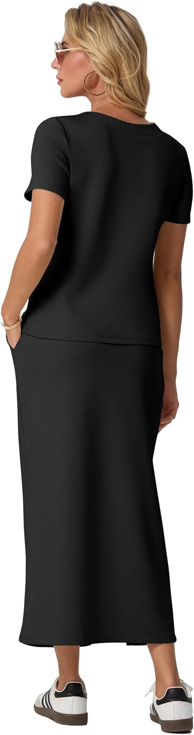 GRECERELLE Women Summer Casual 2 Piece Sets V-Neck Wrinkle-Free Top & Elastic Waist Midi Side Slit Skirt with Pockets(XS-3XL)