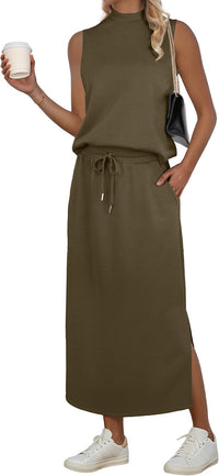 GRECERELLE Two Piece Skirt Sets for Women Summer Outfits with Pockets Lounge Sets Mock Neck Tops Split Maxi Skirt