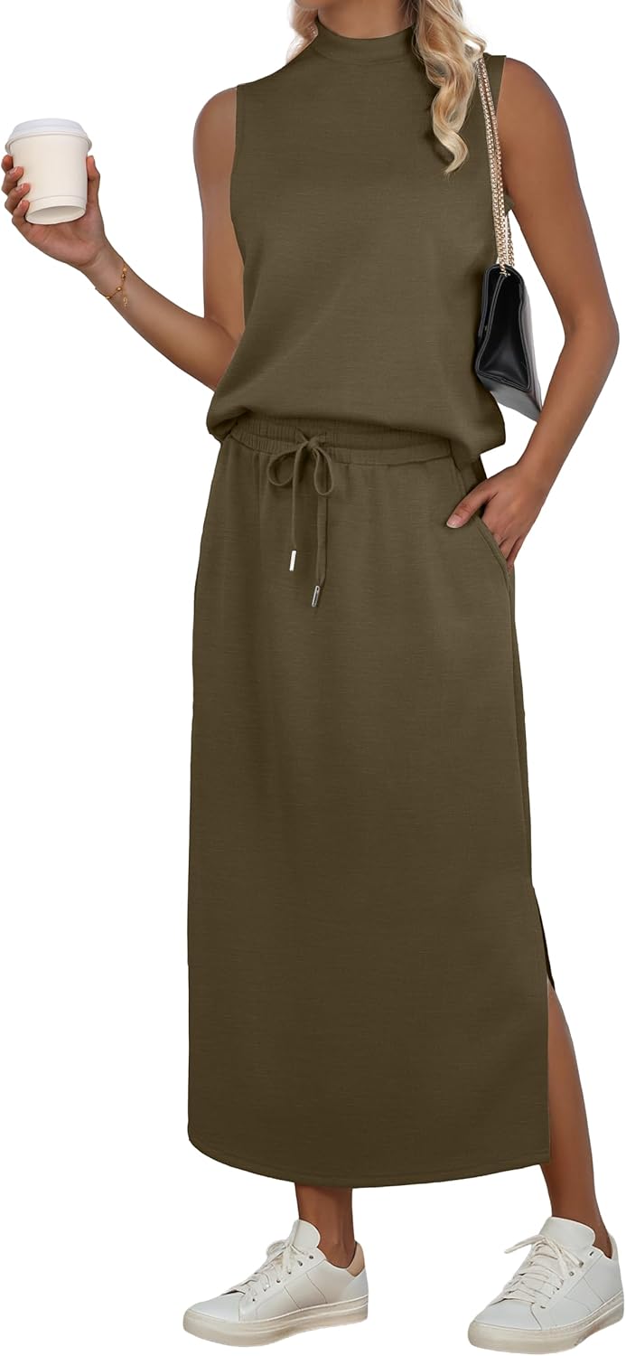 GRECERELLE Two Piece Skirt Sets for Women Summer Outfits with Pockets Lounge Sets Mock Neck Tops Split Maxi Skirt