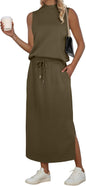 GRECERELLE Two Piece Skirt Sets for Women Summer Outfits with Pockets Lounge Sets Mock Neck Tops Split Maxi Skirt