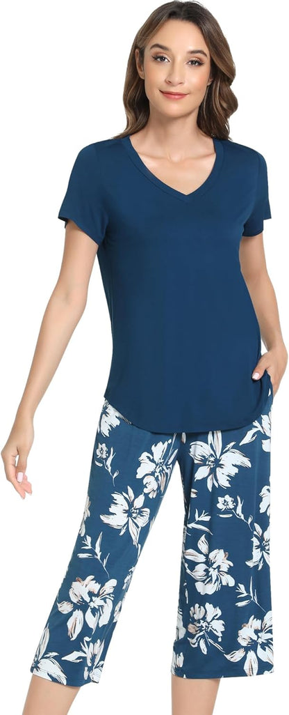 NACHILA Women’s Pajamas-Viscose Made from Bamboo, Short Sleeve Pjs Top with Capri Pajama Sets for Women Cool V Neck Sleepwear
