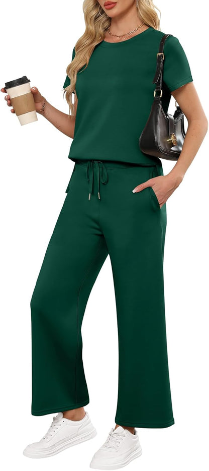 ANRABESS Women 2 Piece Lounge Sets Summer Travel Sweat Outfits Short Sleeve Wide Leg Casual Matching Tracksuits Clothes