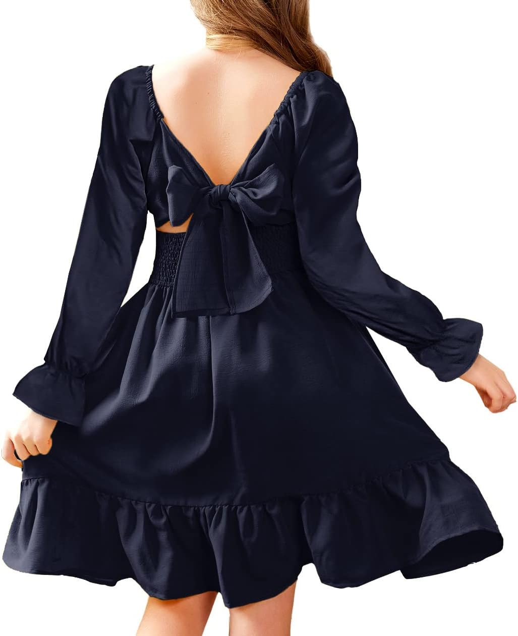 Arshiner Girls Dresses Long Sleeve Tie Back Fall Winter Off Shoulder Dress Kids Clothes