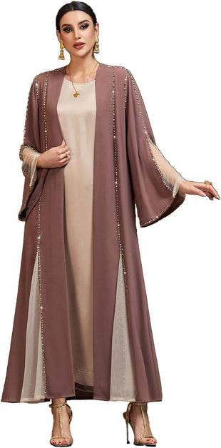 Handmade Beaded Open Front Robe Coat, Elegant Long Sleeve Outerwear Women's Modest Cover-Up, NO INNER, Mauve Brown