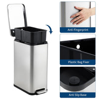 Garvee 13 gal Kitchen Trash Can, Stainless Steel Step Garbage Bin with Soft-Close Lid & Removable Bucket, Fingerprint Proof, Slim for Narrow Spaces, Bathroom or Office