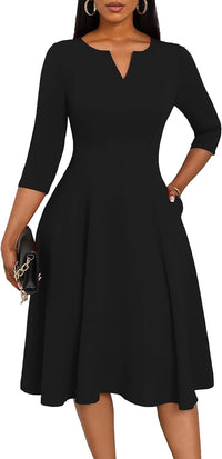 Nmoder Midi Dresses for Women A-Line Fit and Flare Dress 3/4 Sleeve V Neck Cocktail Wedding Guest Work Dress with Pockets