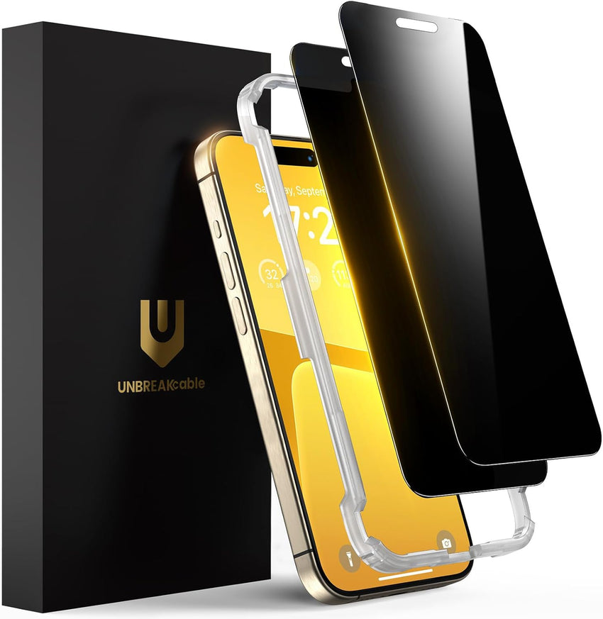 UNBREAKcable Privacy Screen Protector for iPhone 16 Pro Max, Anti-Spy Shatterproof Tempered Glass [True 28°Anti Spy] [9H Hardness] [Easy Installation Frame] Black Protector for iPhone 6.9" - 2 Pack