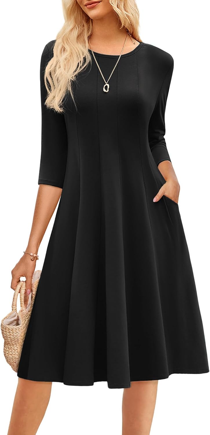 GRACE KARIN Fall Dresses for Women 2025 Casual 3/4 Sleeve Dress A Line Fit and Flare Midi Dress with Pockets