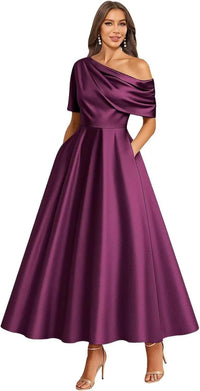Tea Length Mother of Bride Dresses for Women Satin One Shoulder Wedding Guest Dress Formal Evening Party Gown with Pocket