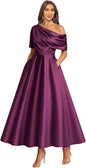 Tea Length Mother of Bride Dresses for Women Satin One Shoulder Wedding Guest Dress Formal Evening Party Gown with Pocket