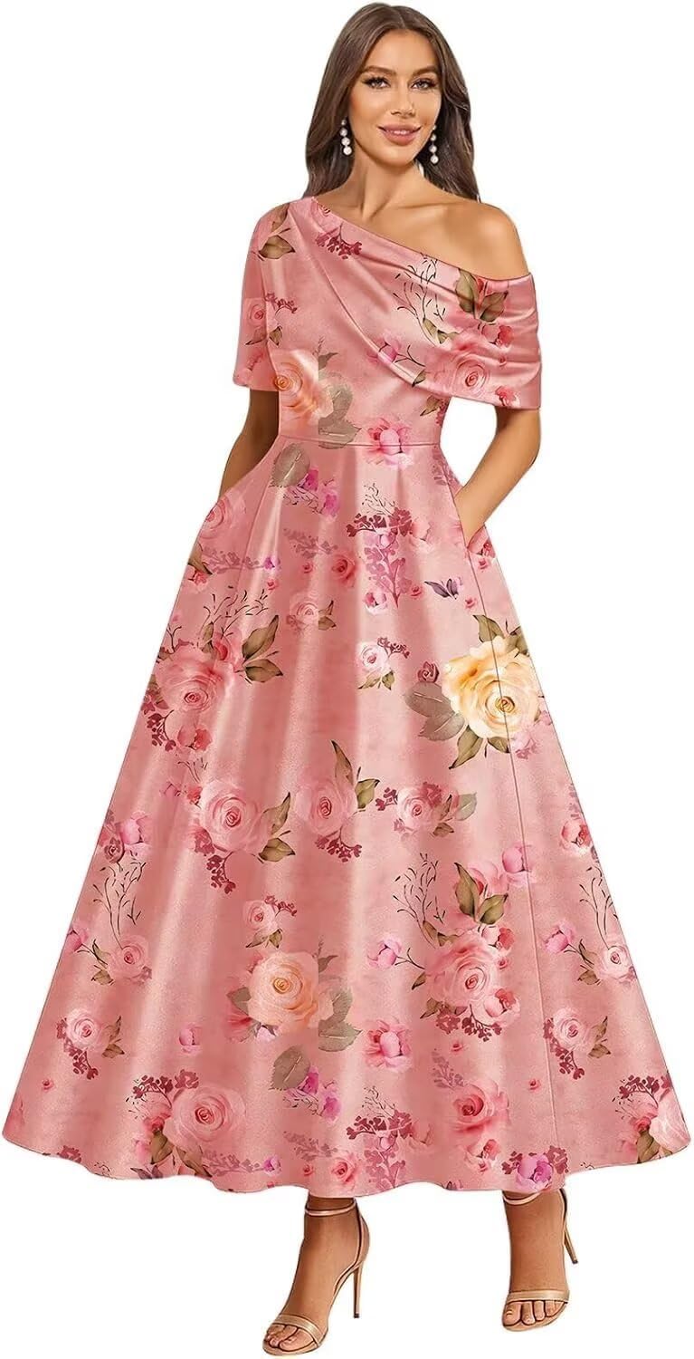 Tea Length Mother of Bride Dresses for Women Satin One Shoulder Wedding Guest Dress Formal Evening Party Gown with Pocket