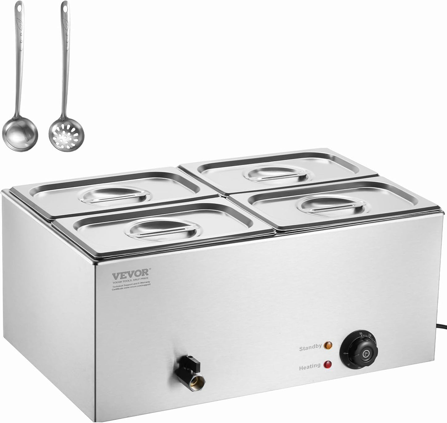 VEVOR Commercial Food Warmer, 1500W Electric Stainless Steel Steam Food Warmer with Lid, 6-Pan Fast Heating Countertop Buffet Bain Marie with Soup & Perforated Ladles, for Catering, Restaurant, Party