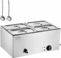 VEVOR Commercial Food Warmer, 1500W Electric Stainless Steel Steam Food Warmer with Lid, 6-Pan Fast Heating Countertop Buffet Bain Marie with Soup & Perforated Ladles, for Catering, Restaurant, Party