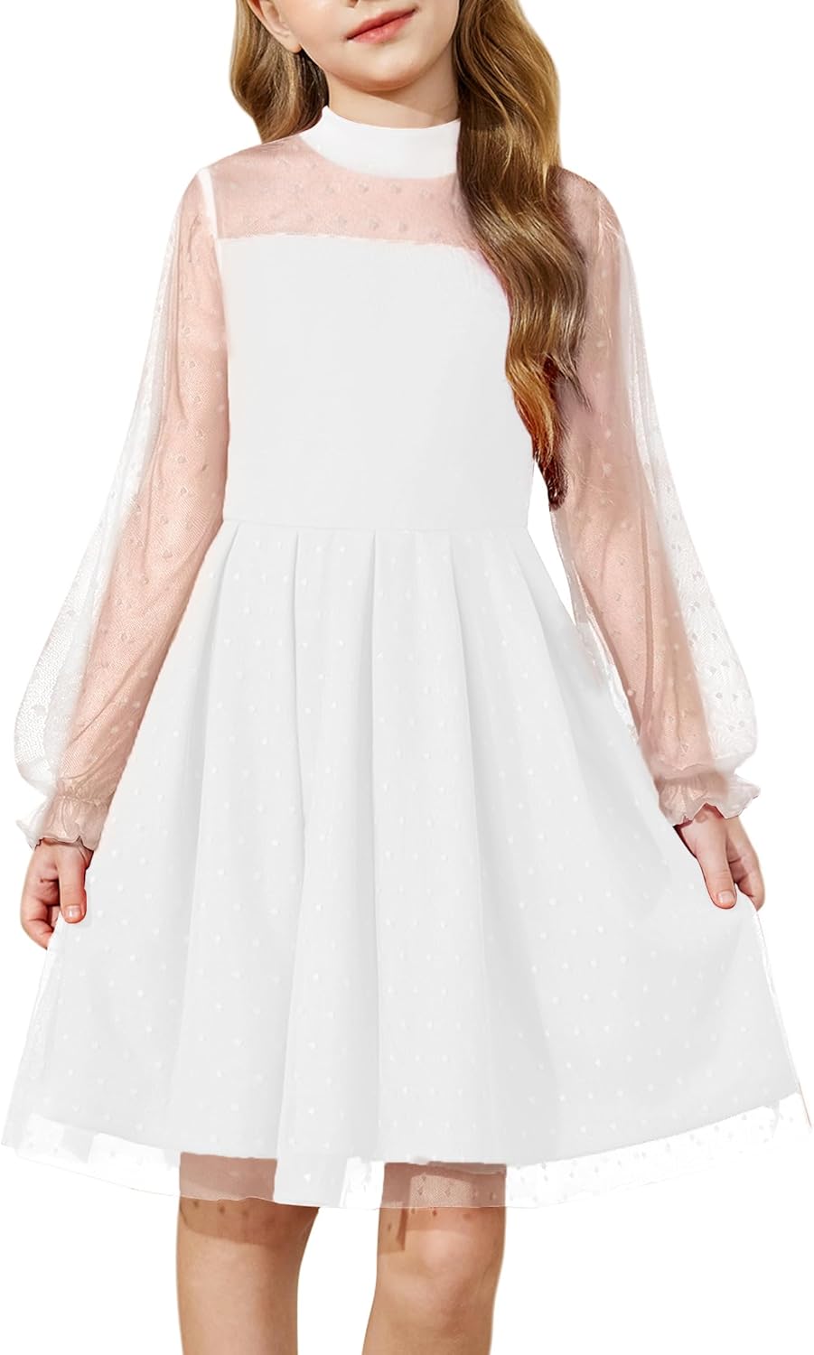 Arshiner Girls Dresses Contrast Mesh Puff Long Sleeve Mock Neck Formal Party A Line Short Tulle Dress